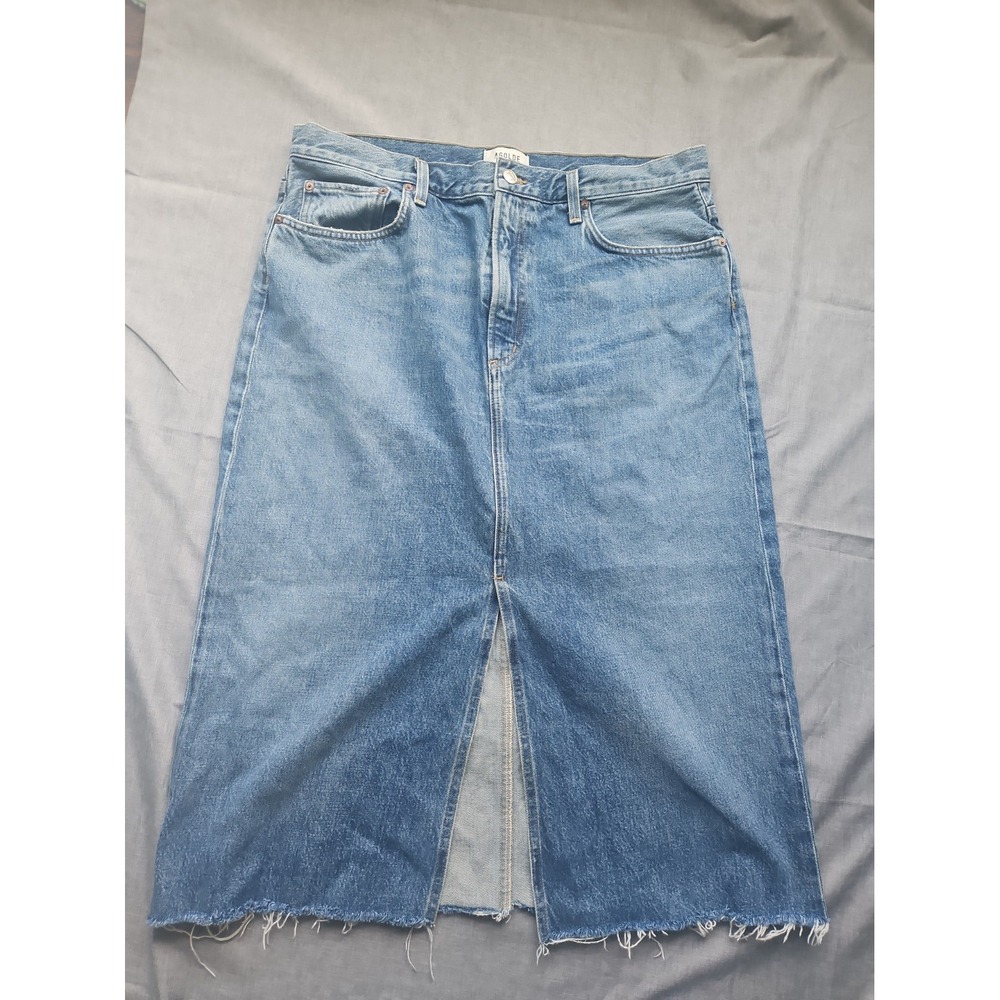 AGOLDE Hilla Denim Maxi Skirt Indigo Blue Raw Hem High Rise Size 30